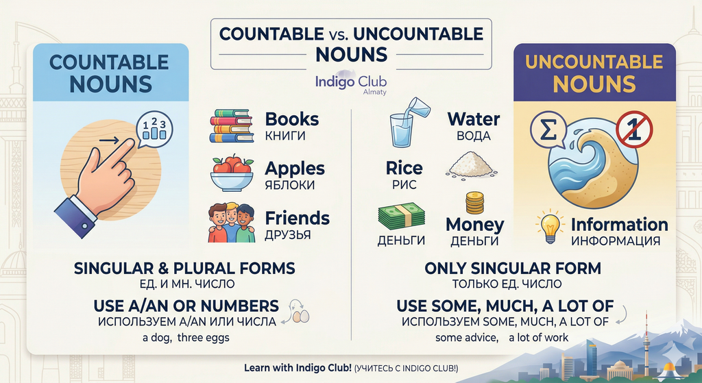 Таблица исчисляемых и неисчисляемых существительных в английском языке от Indigo Club.