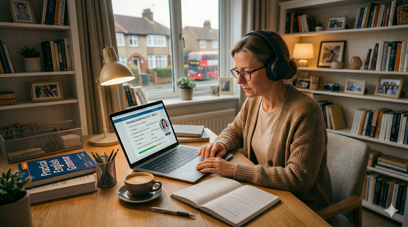 женщина 40–50 лет занимается английским за ноутбуком дома