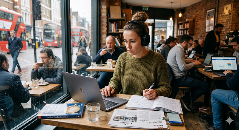 взрослый человек занимается английским с ноутбуком в кафе